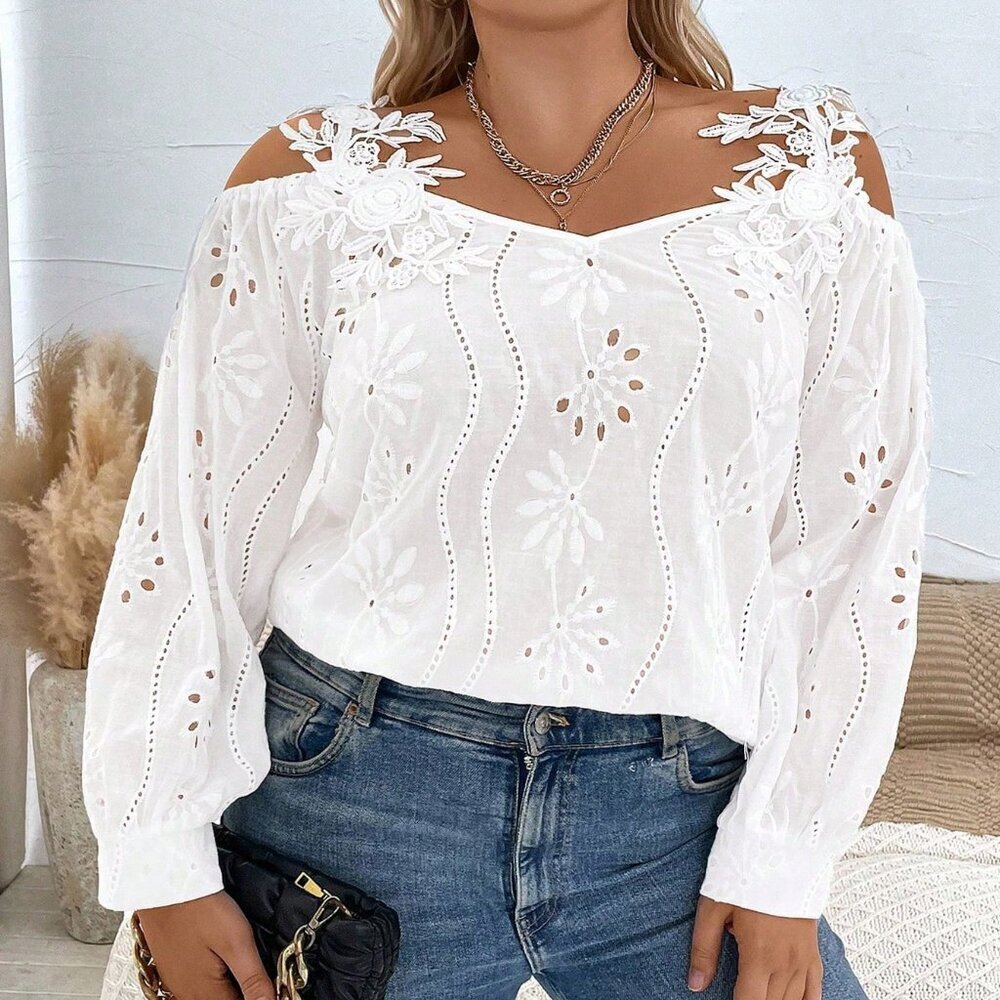 White Casual Women's Plus Size Cold Shoulder Blouse - Picture 3 of 6
